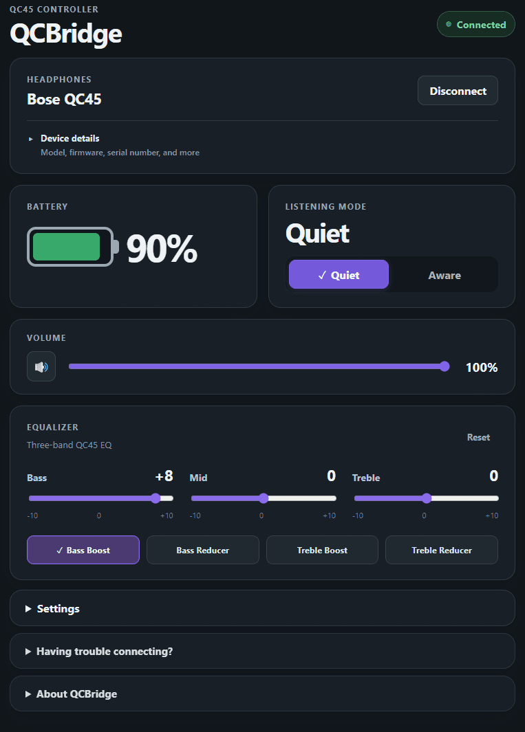 QCBridge showing Bose QC45 battery, listening mode, volume, equalizer, and settings controls